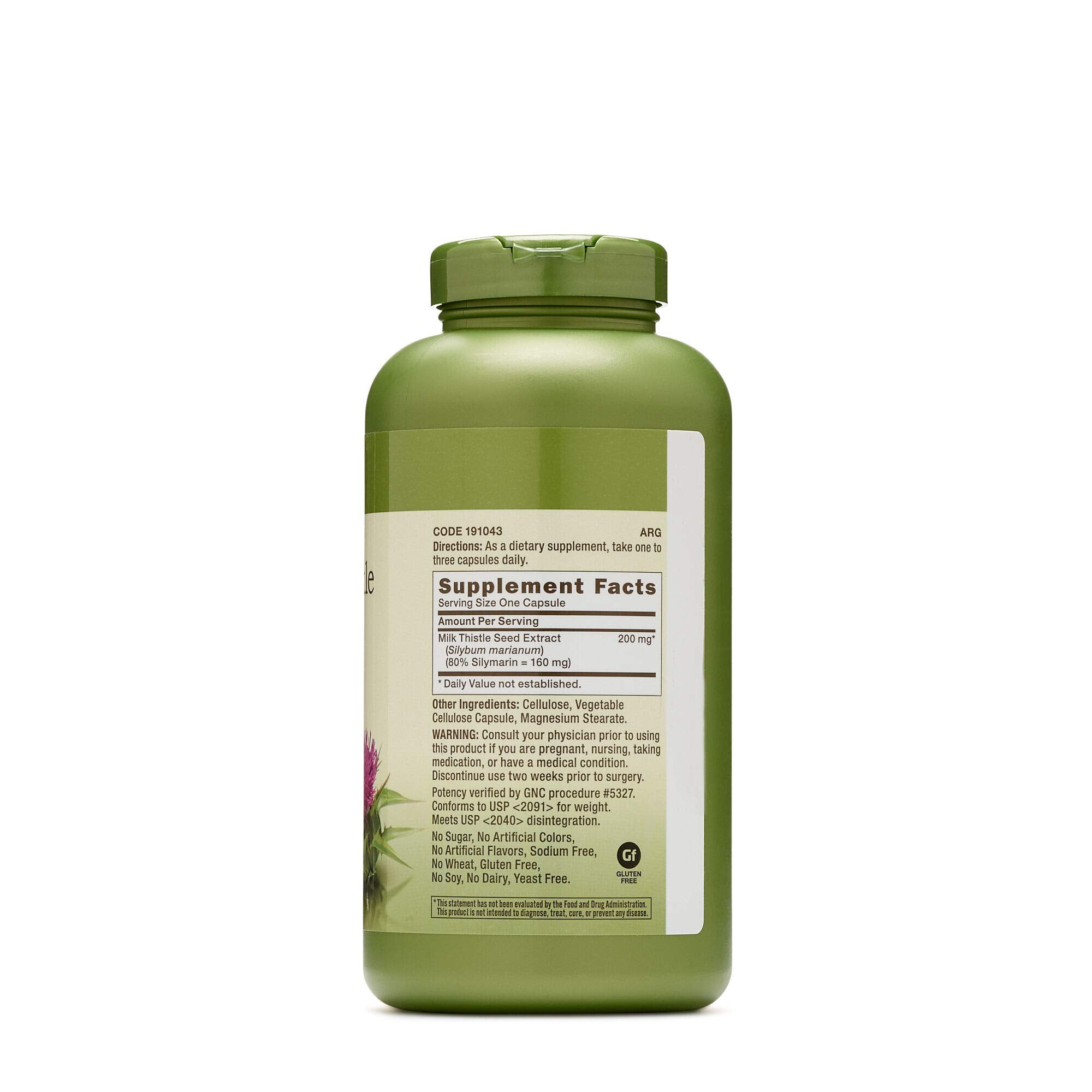 GNC Herbal Plus Milk Thistle – etiquette indiquant formule végétarienne et sans allergènes