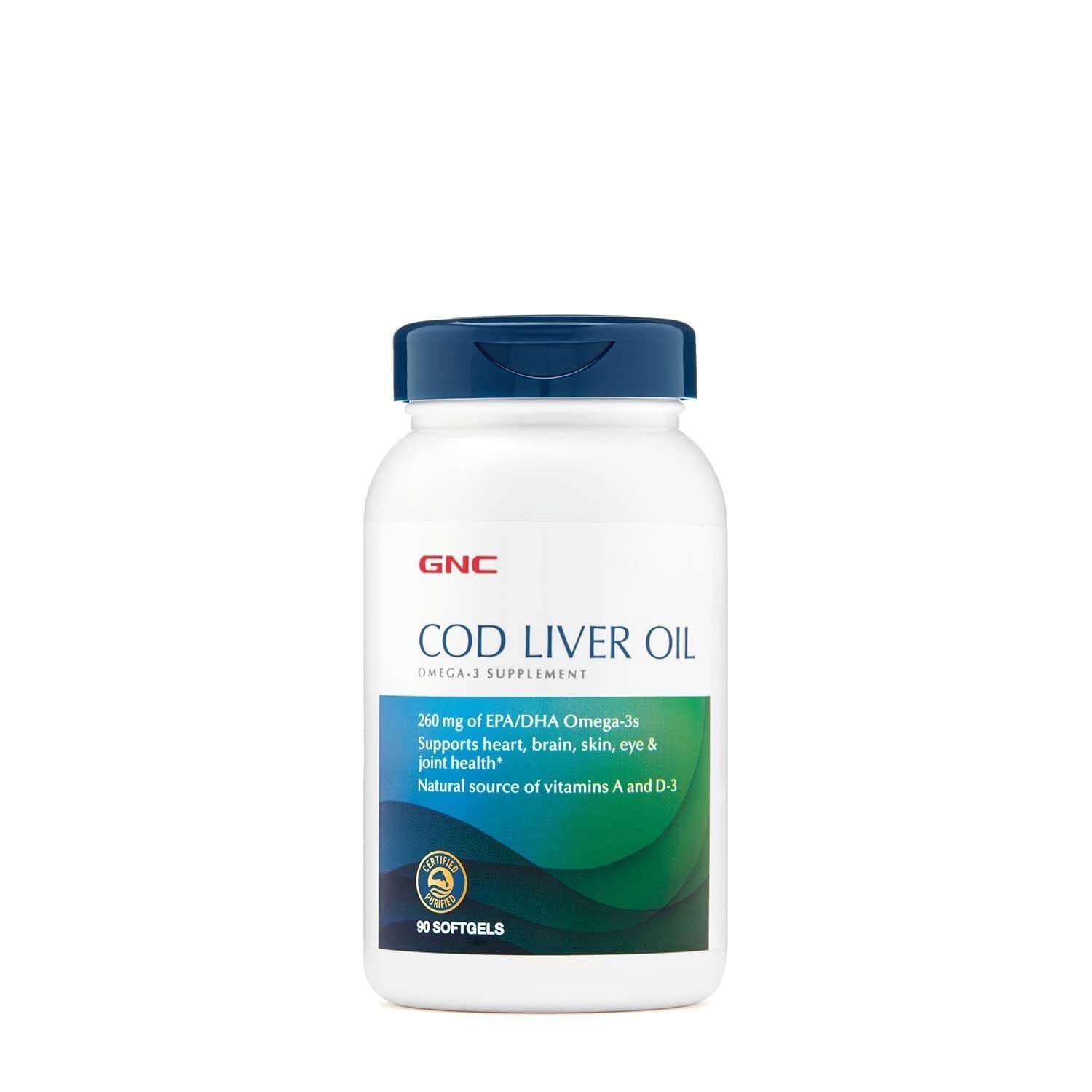 GNC Huile de foie de morue Omega-3, bouteille, soutien potentiel du cœur et du cerveau.