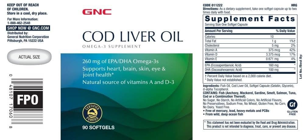 GNC Huile de foie de morue Omega-3, emballage, source naturelle de vitamine A et D-3.