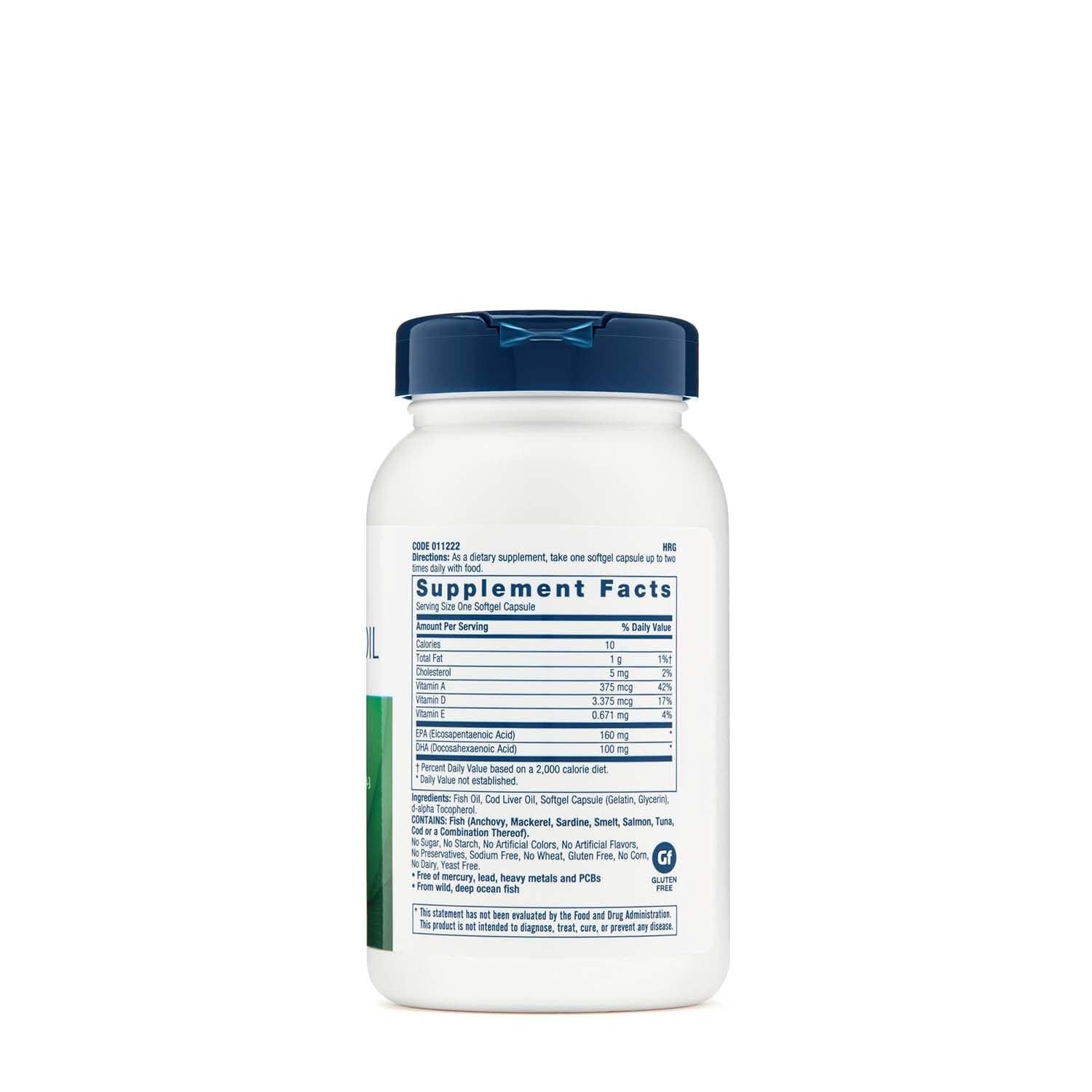 GNC Huile de foie de morue Omega-3, gélules, apport potentiel pour la peau et les articulations.