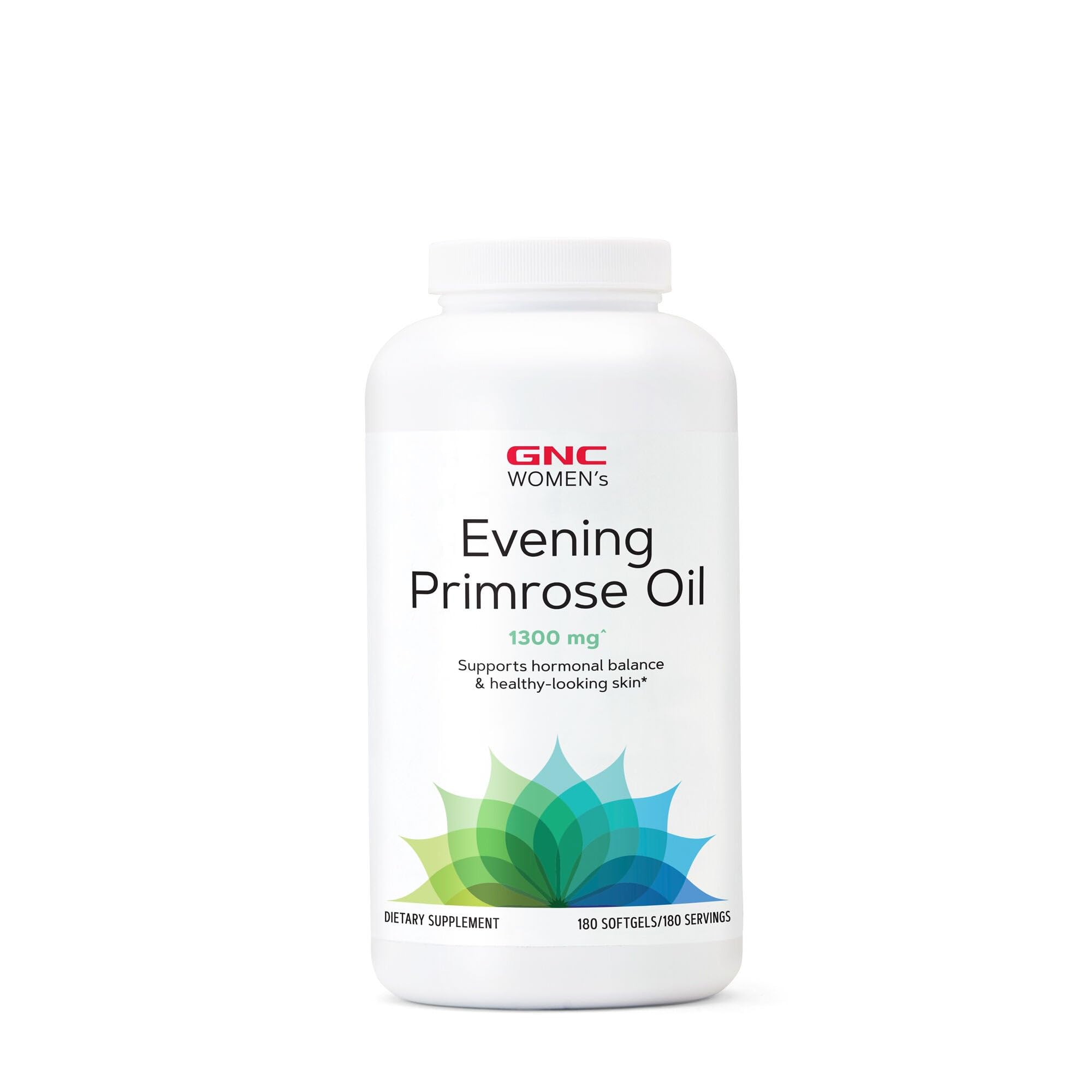 GNC huile d'onagre pour femmes, bouteille et capsules, soutien peau saine et équilibre hormonal.