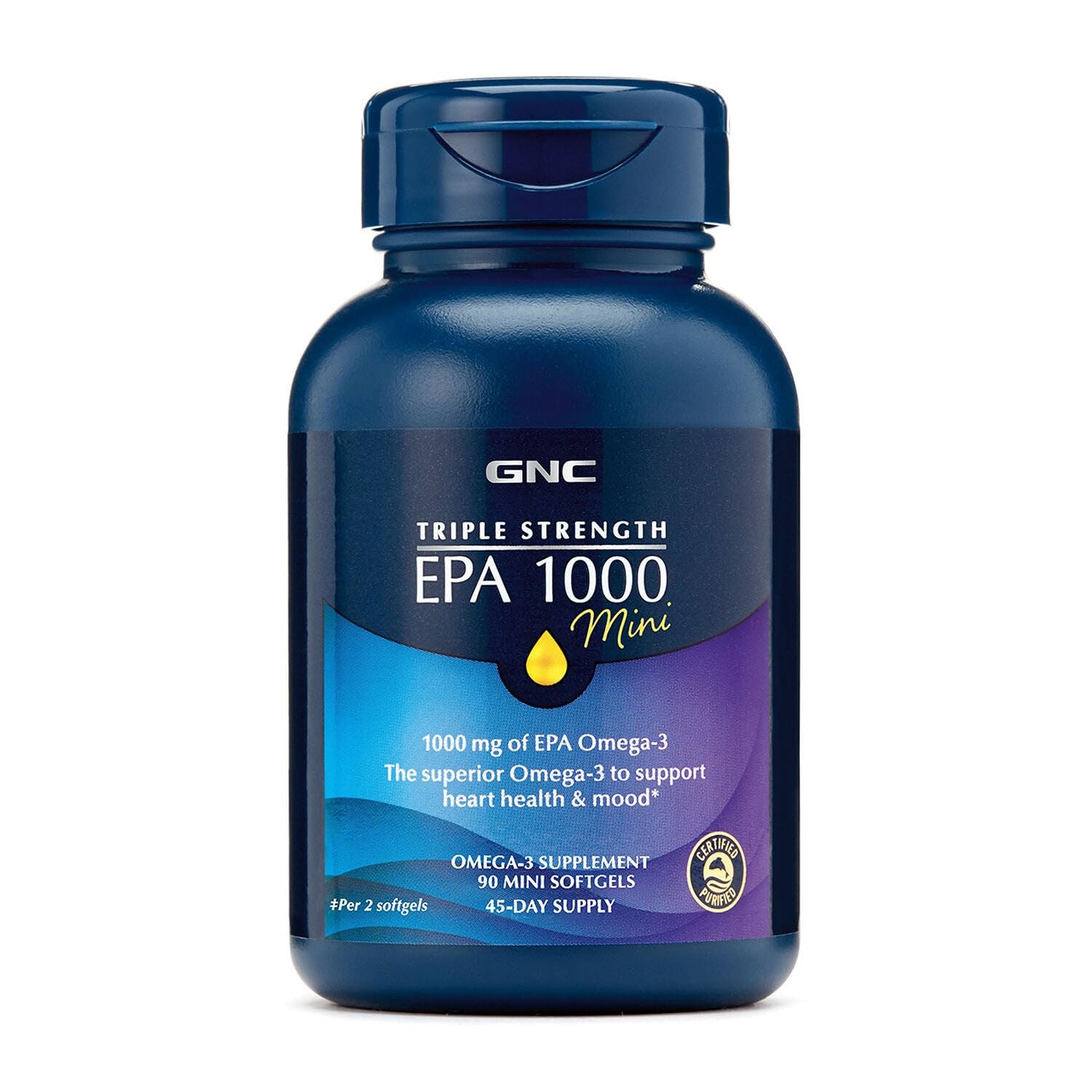 GNC huile de poisson EPA 1000 Mini – bouteille visible et capsules faciles à prendre.