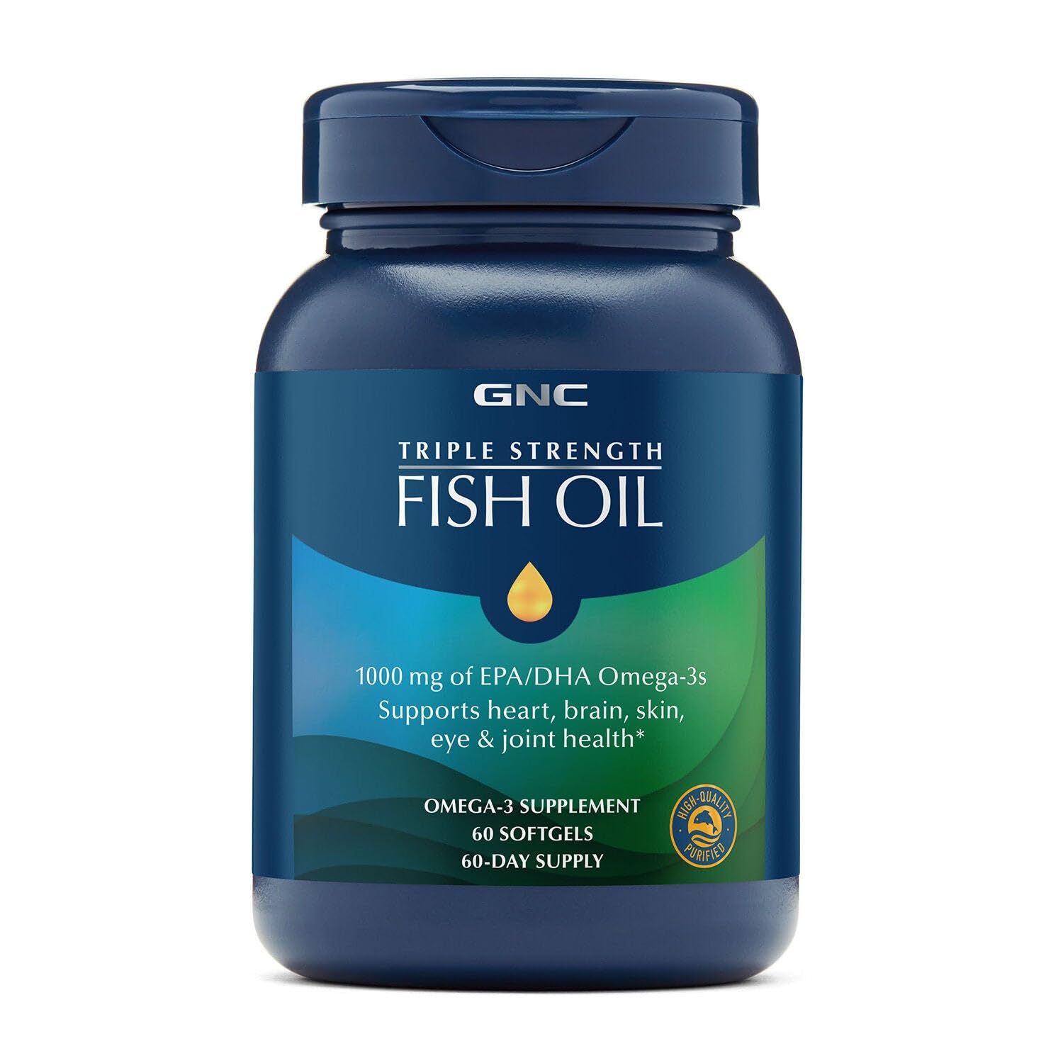 GNC Huile Poisson Triple Force – bouteille, EPA et DHA pour cœur et esprit.