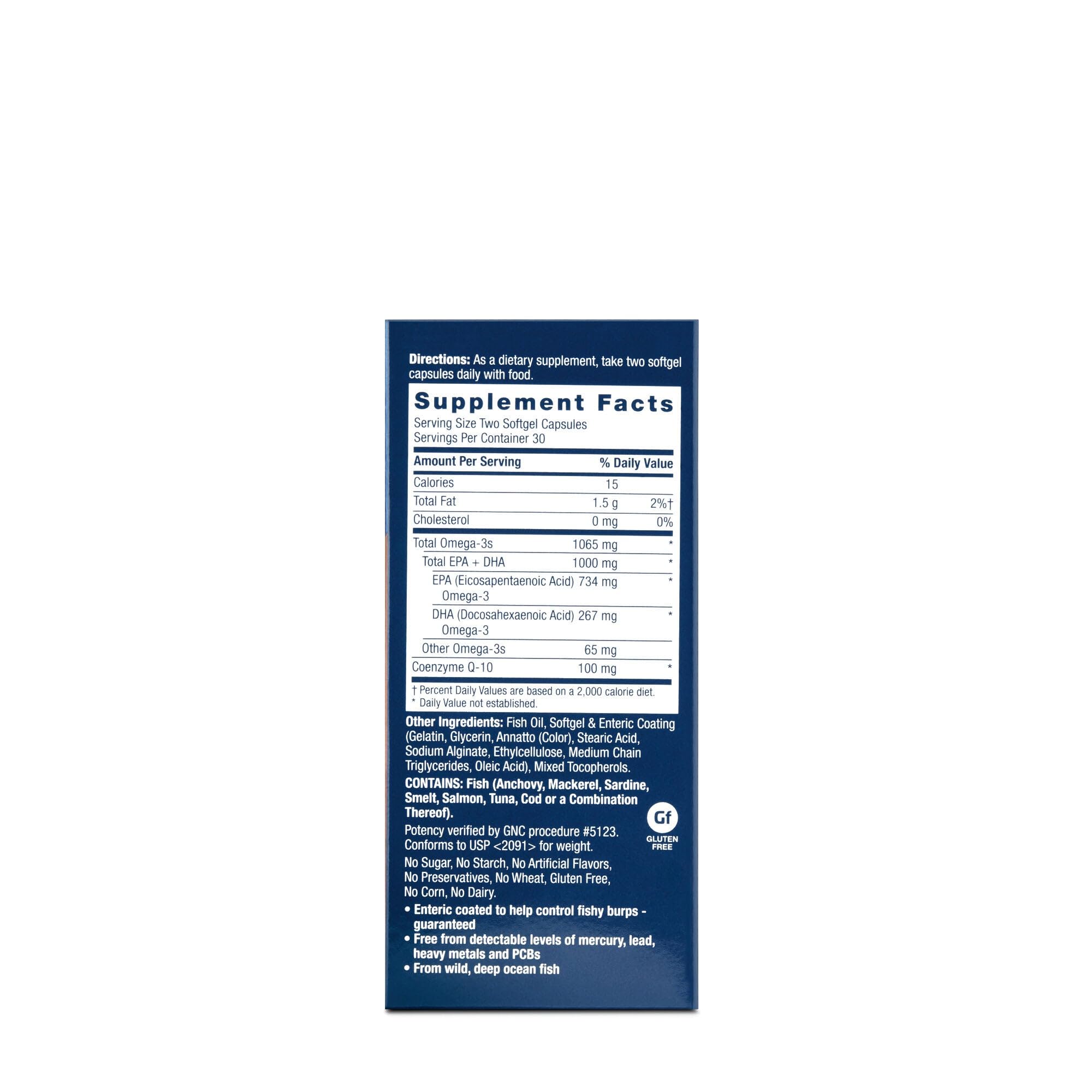 GNC huile-poisson CoQ10 en gelules, formulation entérique pour limiter le goût.