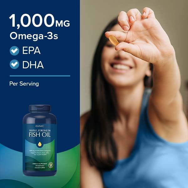 GNC Huile Poisson Triple Force – étiquette EPA et DHA visibles, support potentiel pour le cœur.