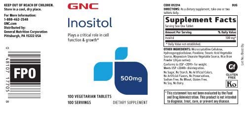 GNC Inositol 500 mg — tablettes pour usage quotidien et croissance cellulaire.