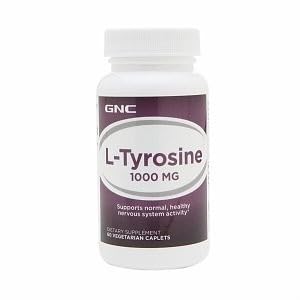 GNC L-Tyrosine 1000 mg capsules dans une bouteille, soutien potentiel au système nerveux.