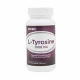 GNC L-Tyrosine 1000 mg capsules dans une bouteille, soutien potentiel au système nerveux.