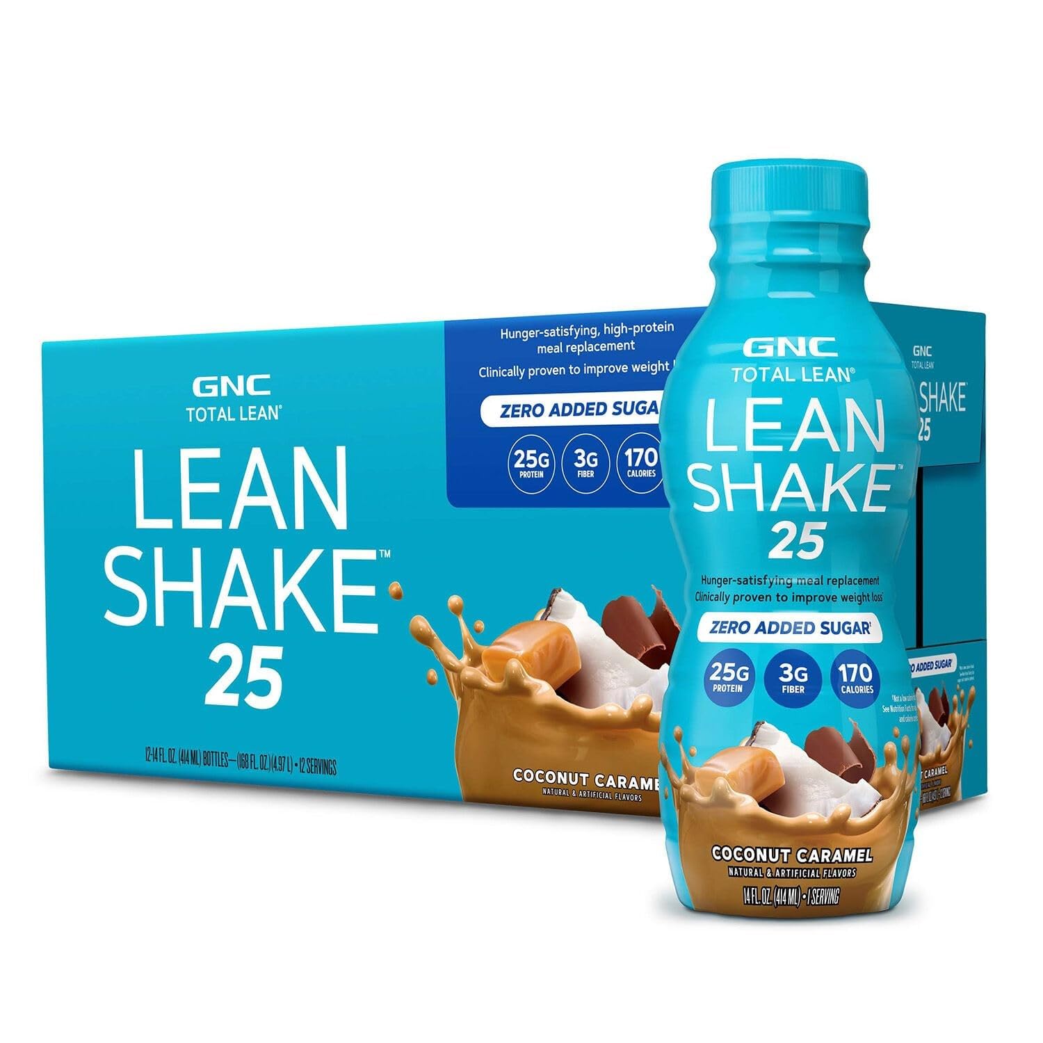 Bouteille GNC Lean Shake 25 prete a boire coco caramel pour un repas pratique.