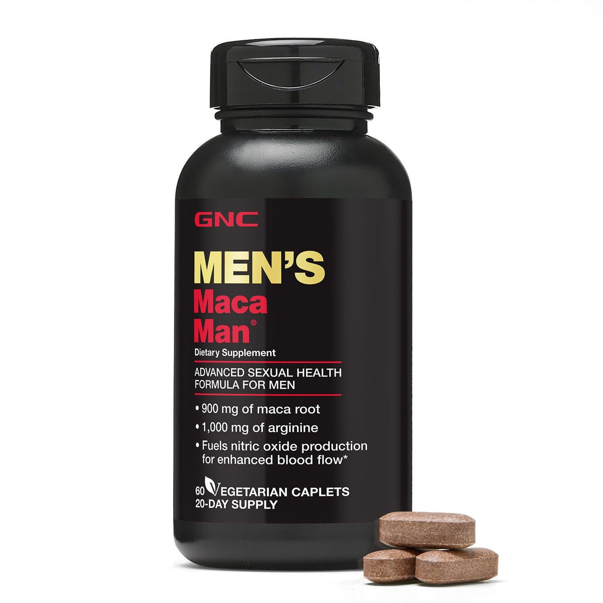 GNC Maca Man – bouteille de gélules, soutien potentiel énergie et vitalité.