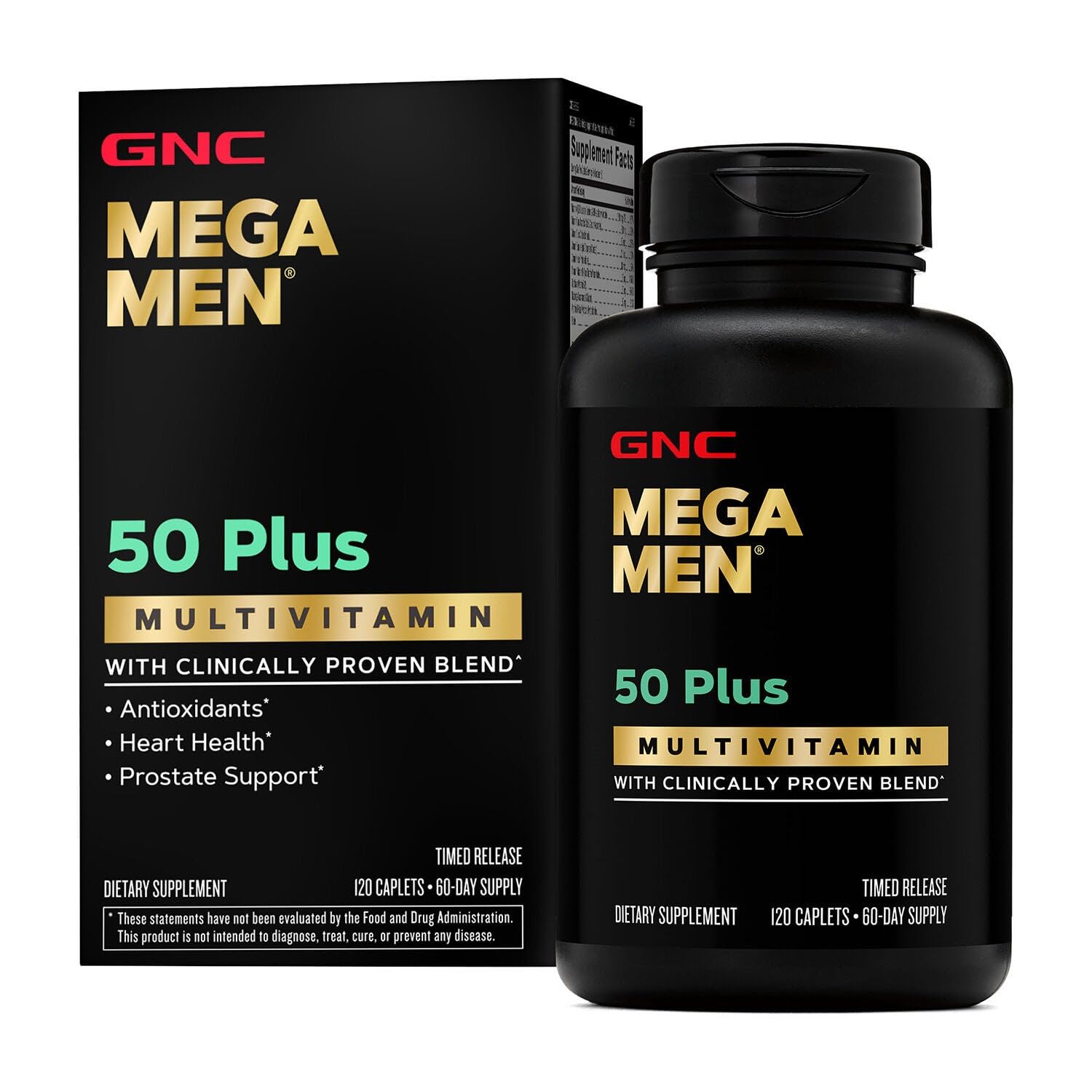 GNC Mega Men 50 Plus, boîte capsules, soutien nutritionnel masculin quotidien.