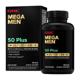 GNC Mega Men 50 Plus, boîte capsules, soutien nutritionnel masculin quotidien.