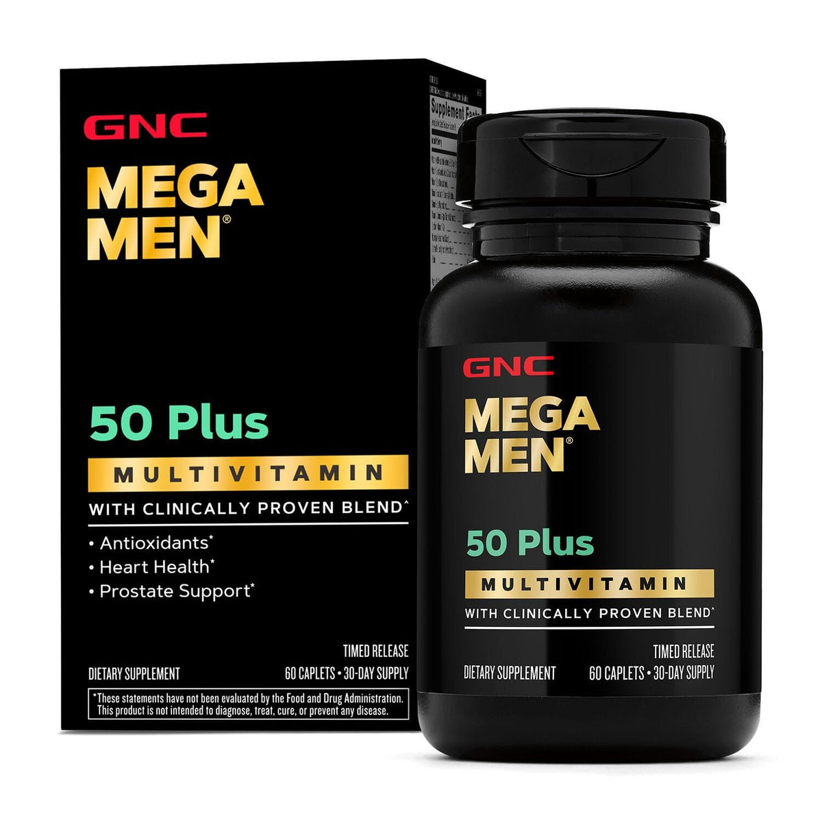 GNC Mega Men 50 Plus : boîte et tablettes faciles à prendre pour énergie quotidienne.
