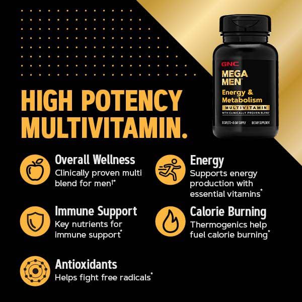 GNC Mega Men, dosage clair et capsules faciles à avaler.
