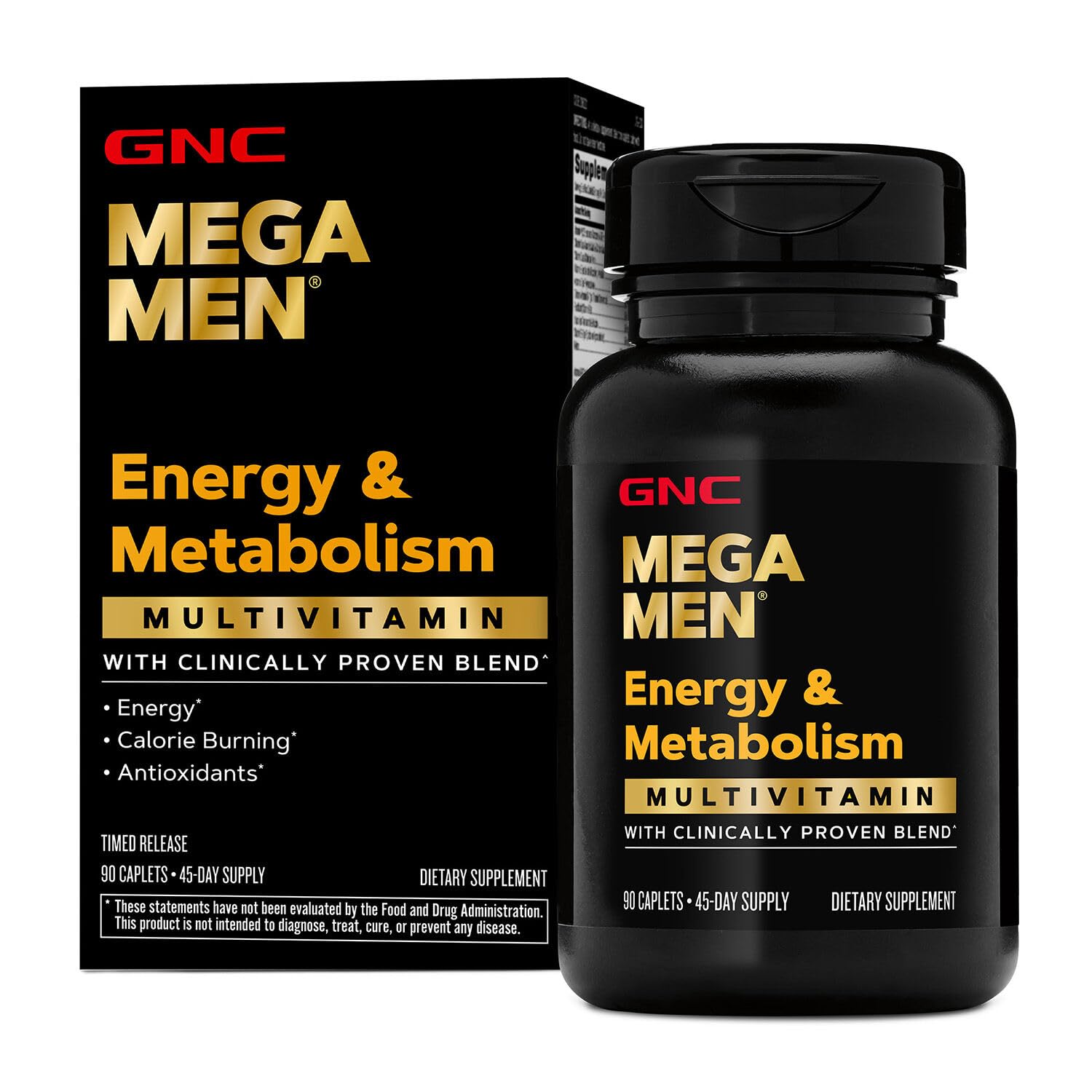 GNC Mega Men, bouteille visible, énergie soutenue et métabolisme amélioré.