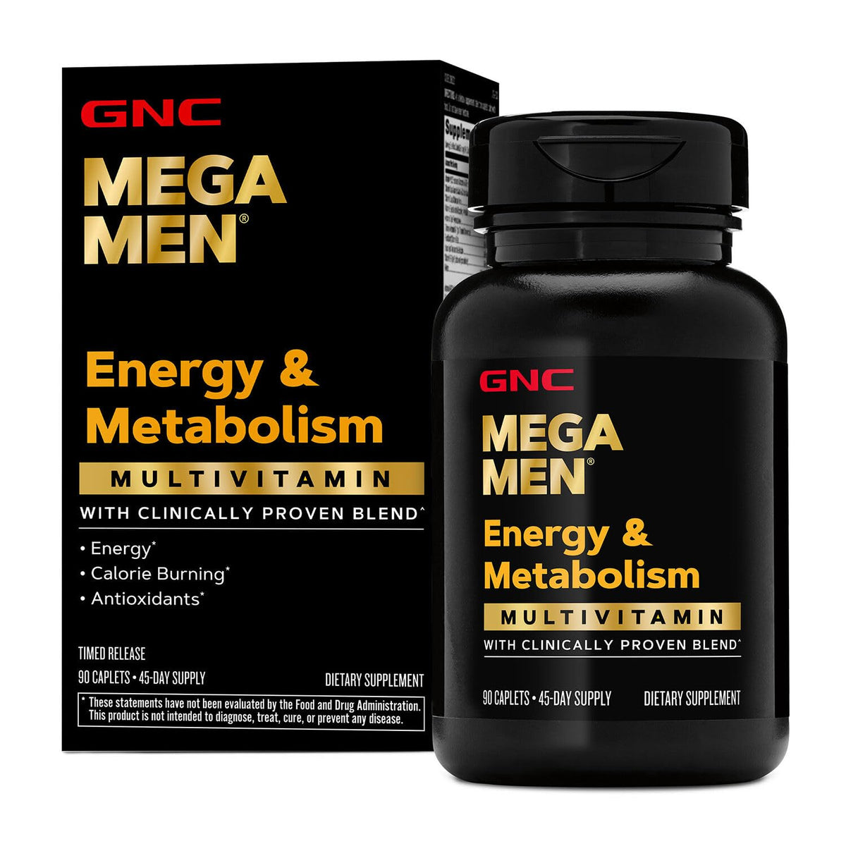 GNC Mega Men, bouteille visible, énergie soutenue et métabolisme amélioré.