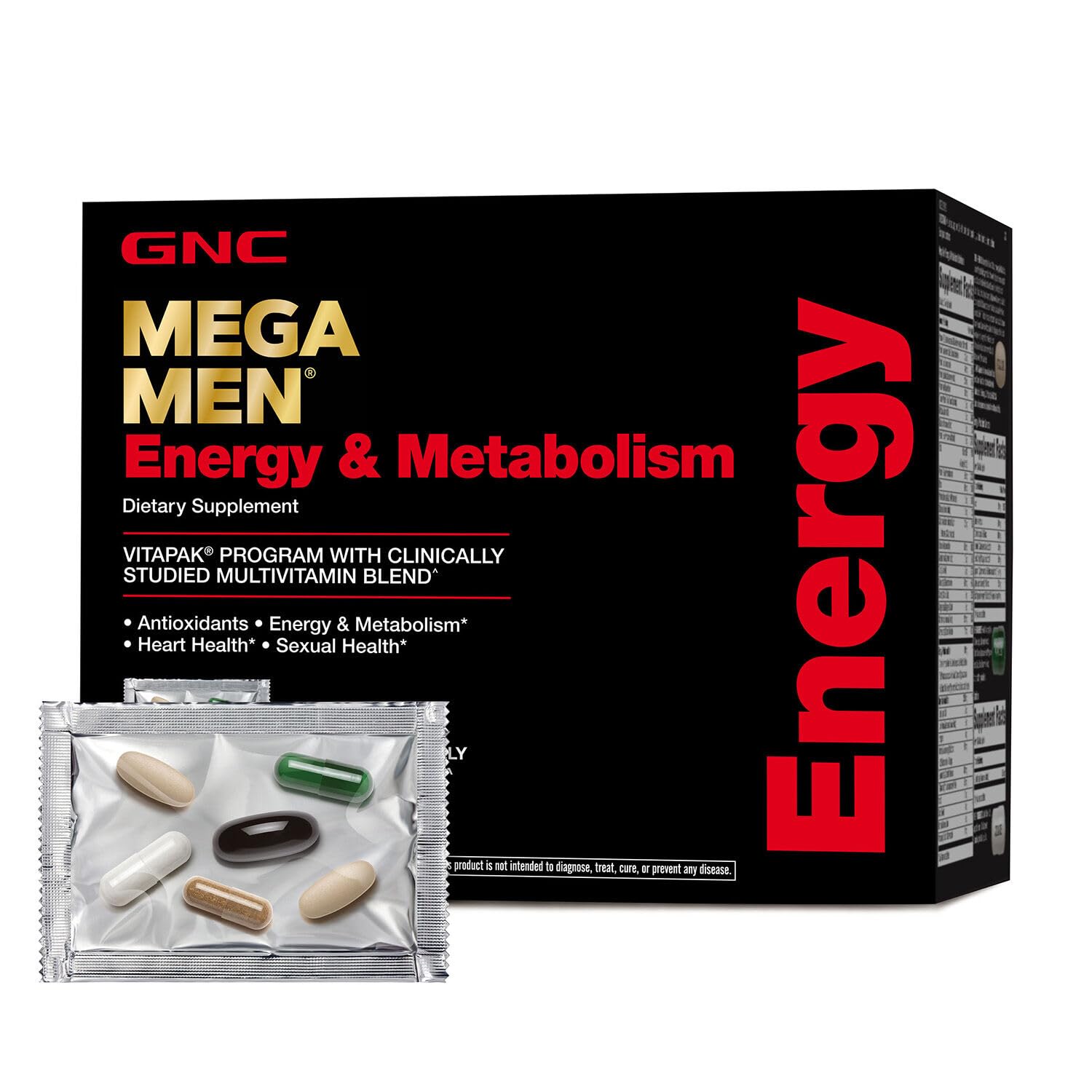GNC Mega Men – emballage clair montrant le produit et ses bénéfices