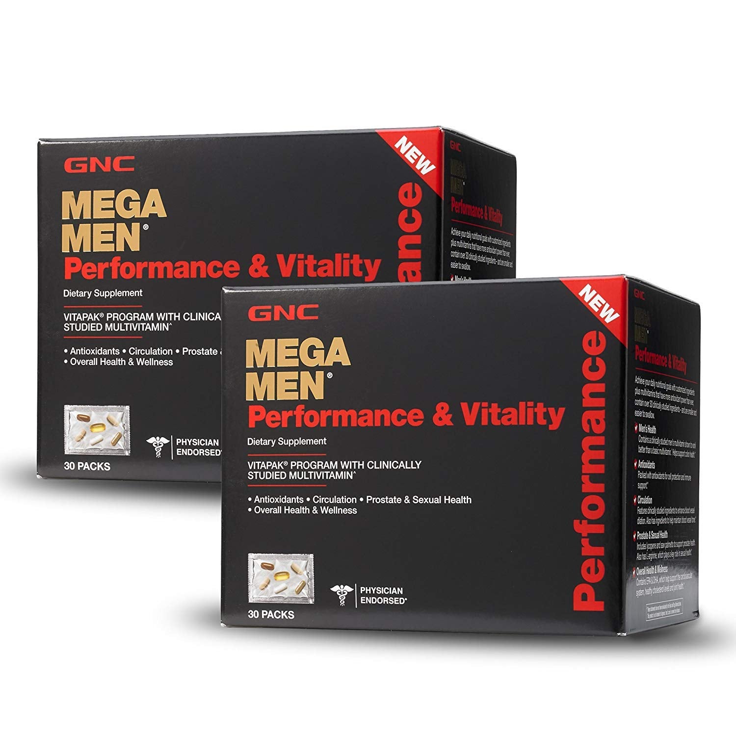 GNC Mega Men Performance Vitality, paquets visuels montrant des capsules petites et faciles à avaler pour l'énergie