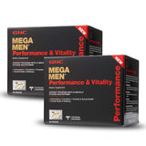 GNC Mega Men Performance Vitality, paquets visuels montrant des capsules petites et faciles à avaler pour l'énergie