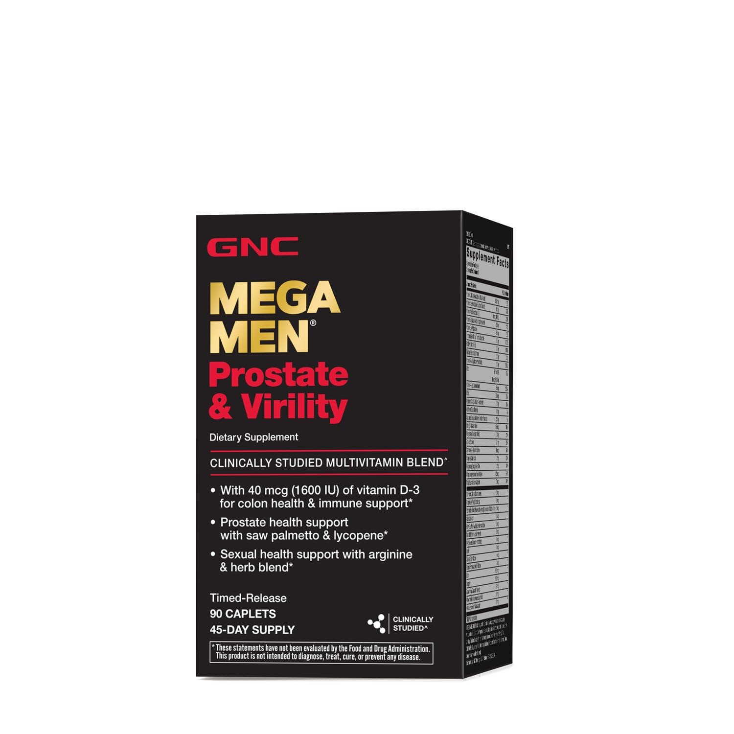 Étiquette claire GNC Mega Men Prostate et Virility avec informations nutritionnelles.