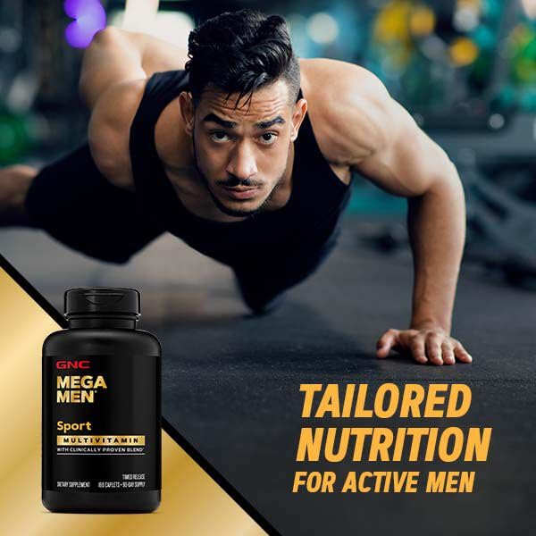 GNC Mega Men Sport, sans arômes artificiels et sans produits laitiers.