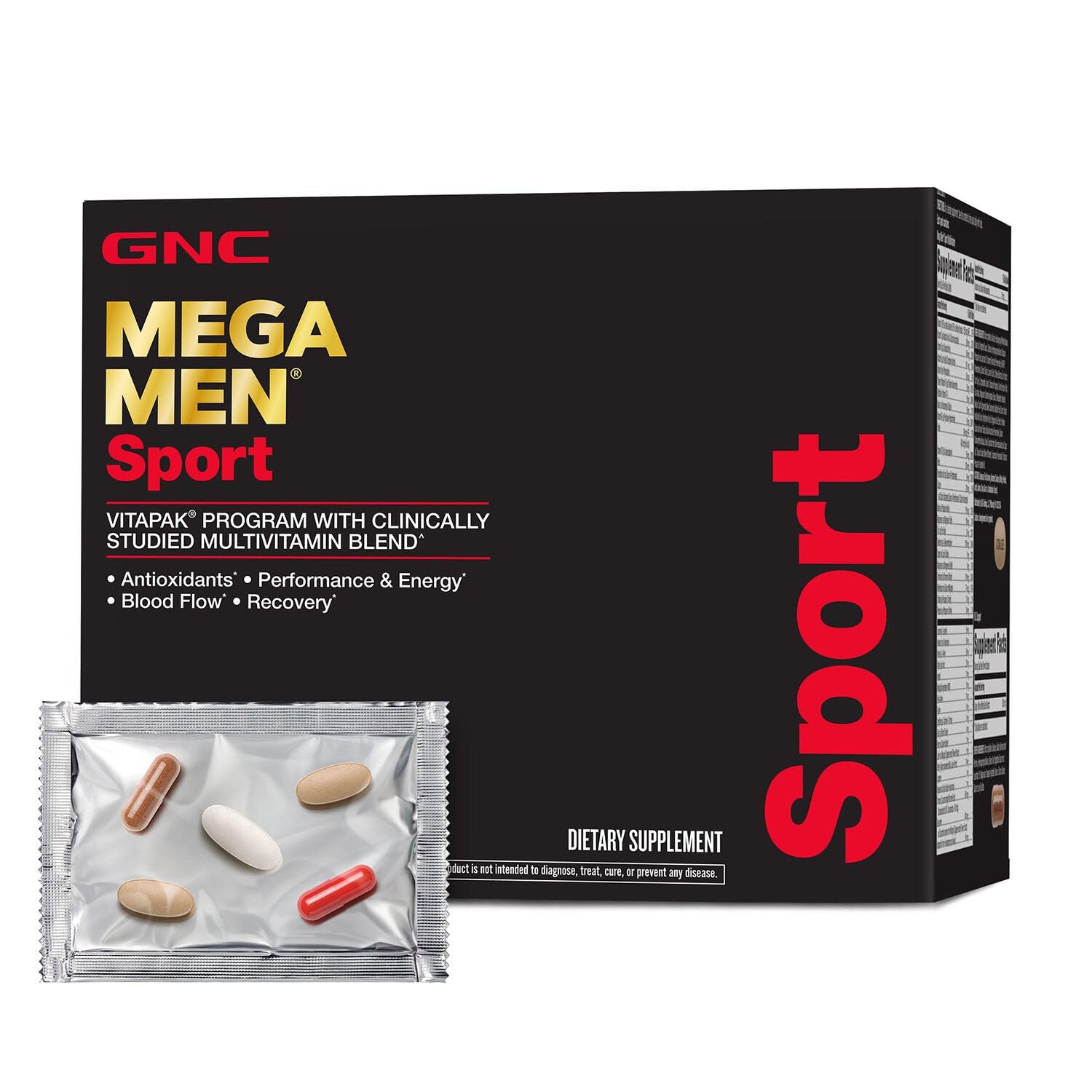 GNC Mega Men Sport Vitapak — bouteille de capsules pratique pour une nutrition complète au quotidien.