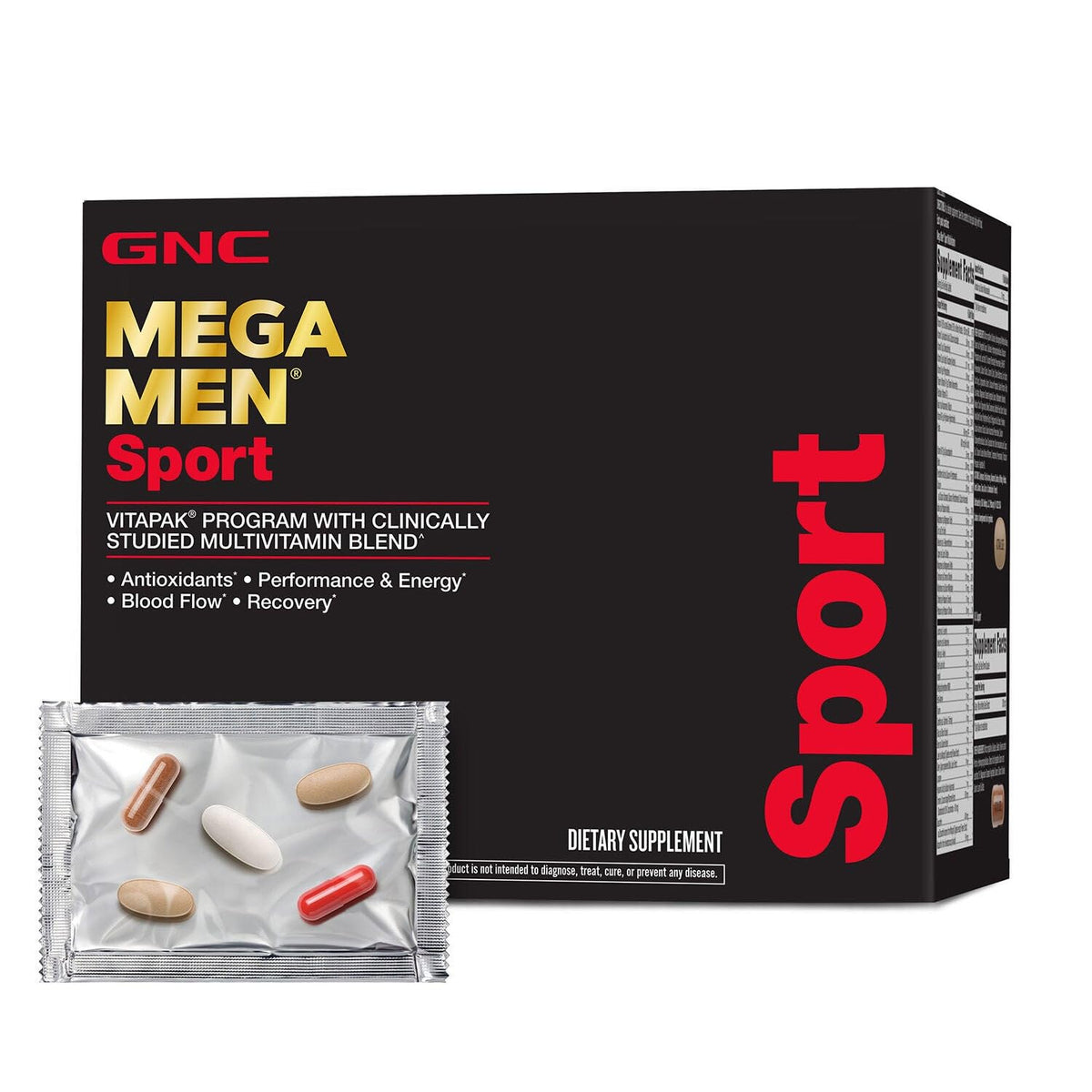 GNC Mega Men Sport Vitapak — bouteille de capsules pratique pour une nutrition complète au quotidien.