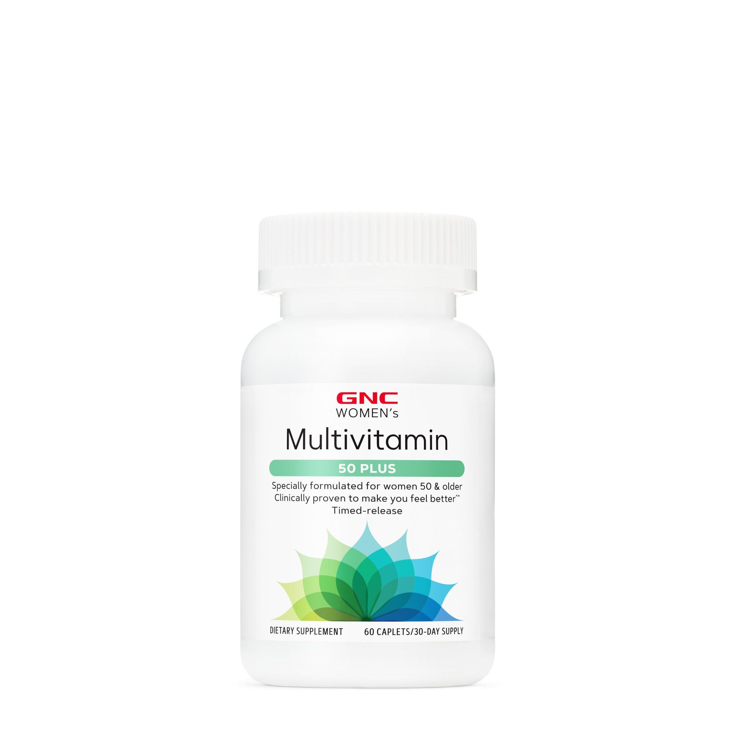 GNC Multivitamine Femmes 50+ – bouteille et caplets, soutien des os et énergie quotidienne.