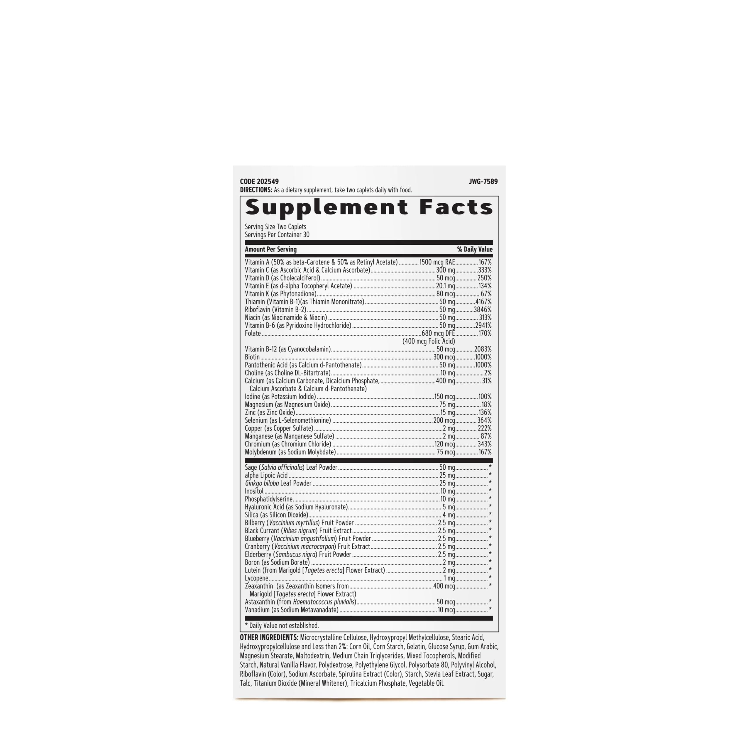 GNC Multivitamine Femmes 50+ – tableau des ingrédients pour voir les nutriments.