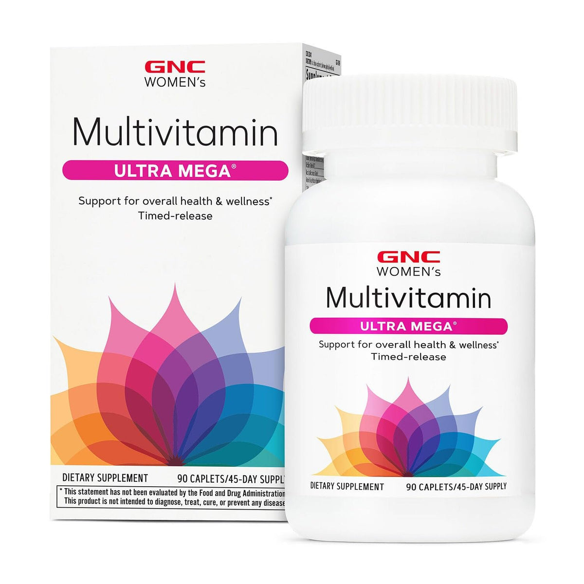 GNC multivitamine Ultra Mega caplets emballage affichant le produit et ses bénéfices potentiels