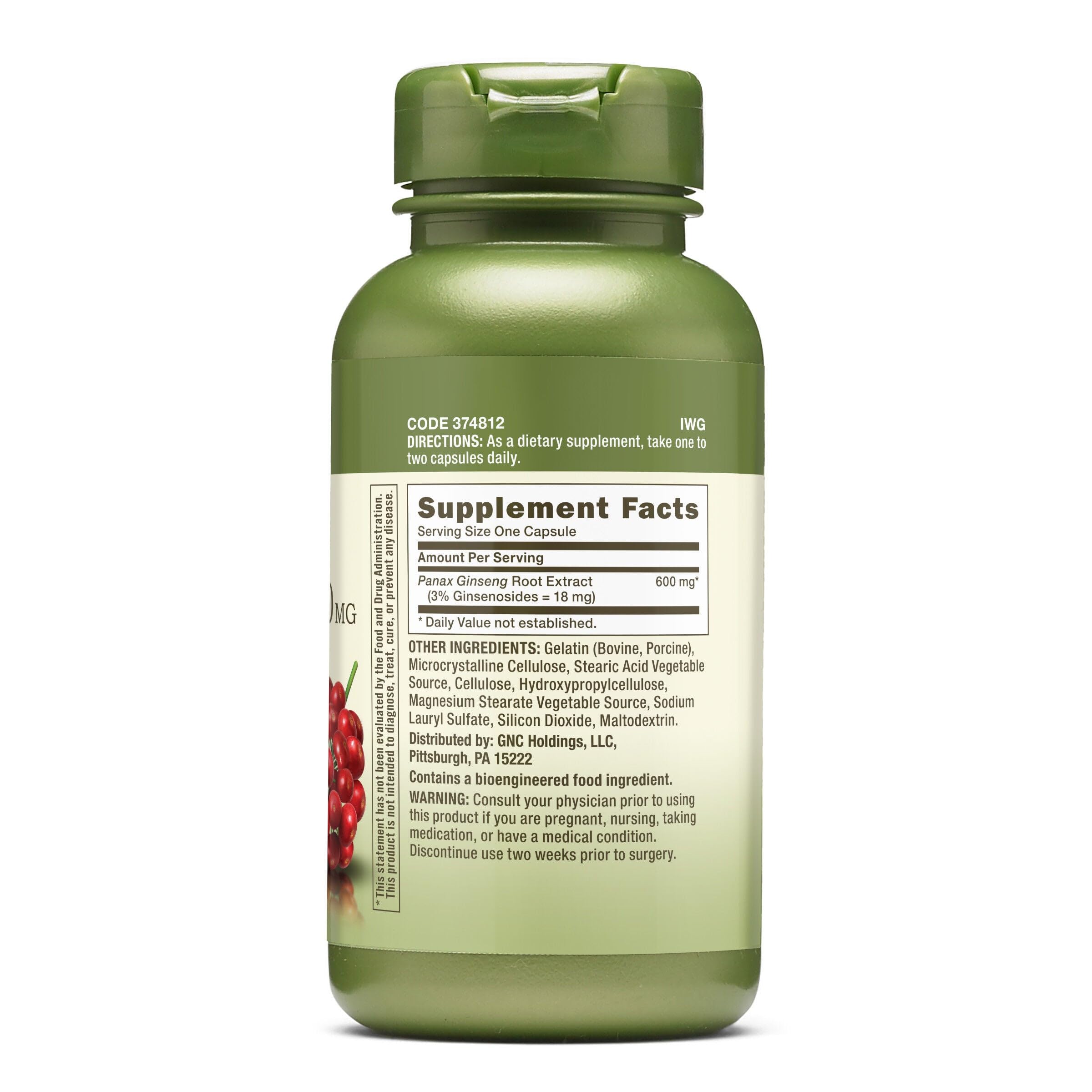 GNC Panax Ginseng 600 mg — capsules visibles pour soutenir l'énergie au quotidien