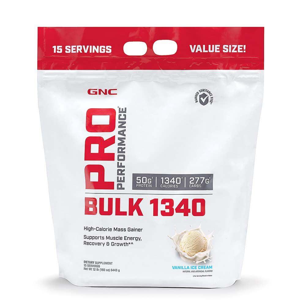 GNC Pro Performance Bulk 1340 sur l emballage montrant les informations nutritionnelles et promesse musculaire