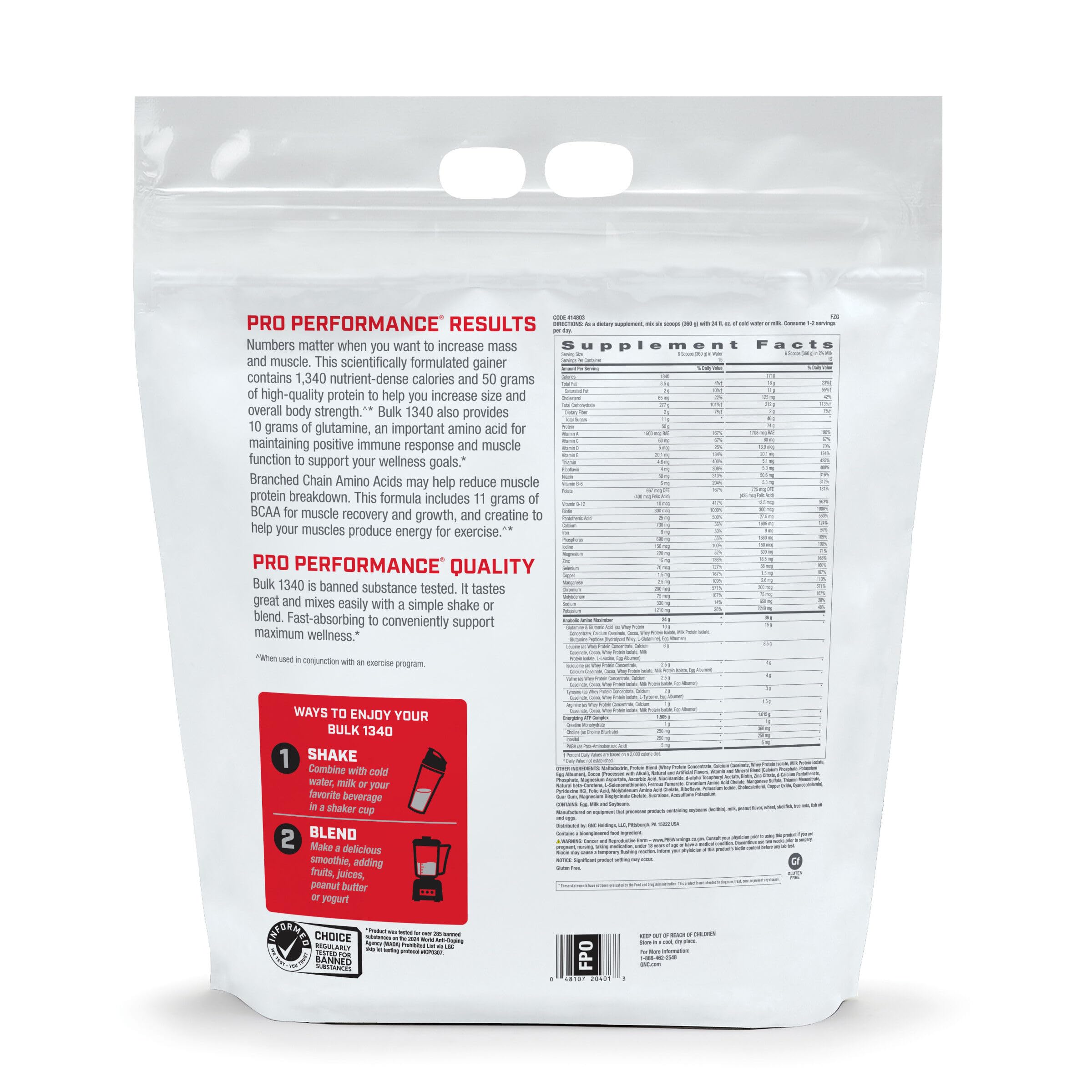 Étiquette et emballage clair GNC Bulk 1340 pour repères rapides lors de l’achat.