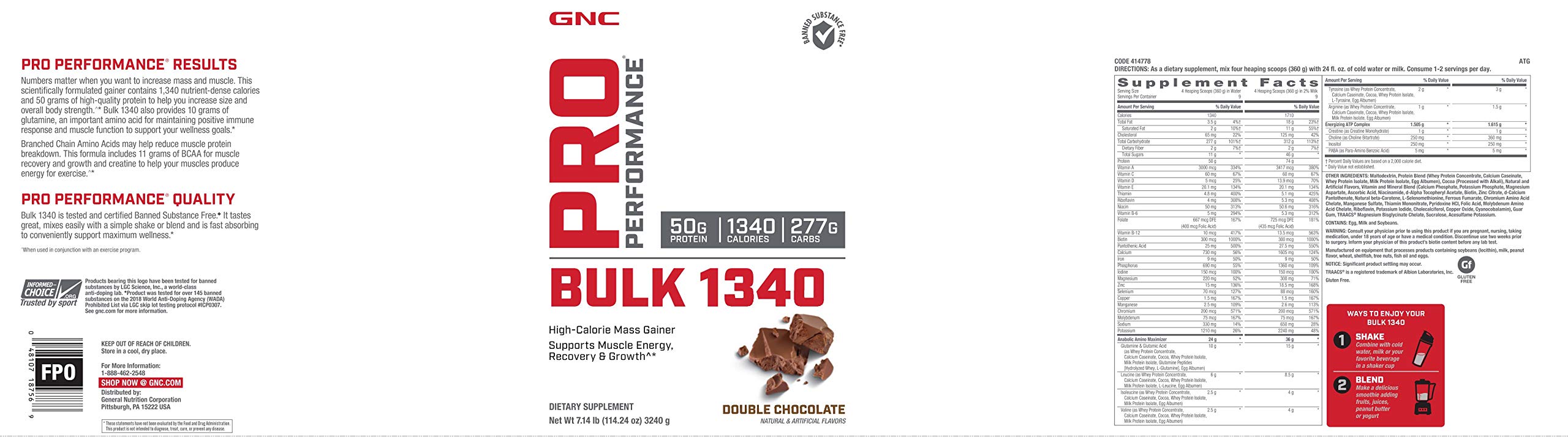 GNC Pro Performance Bulk 1340 – gainer chocolat, préparation rapide après l'effort