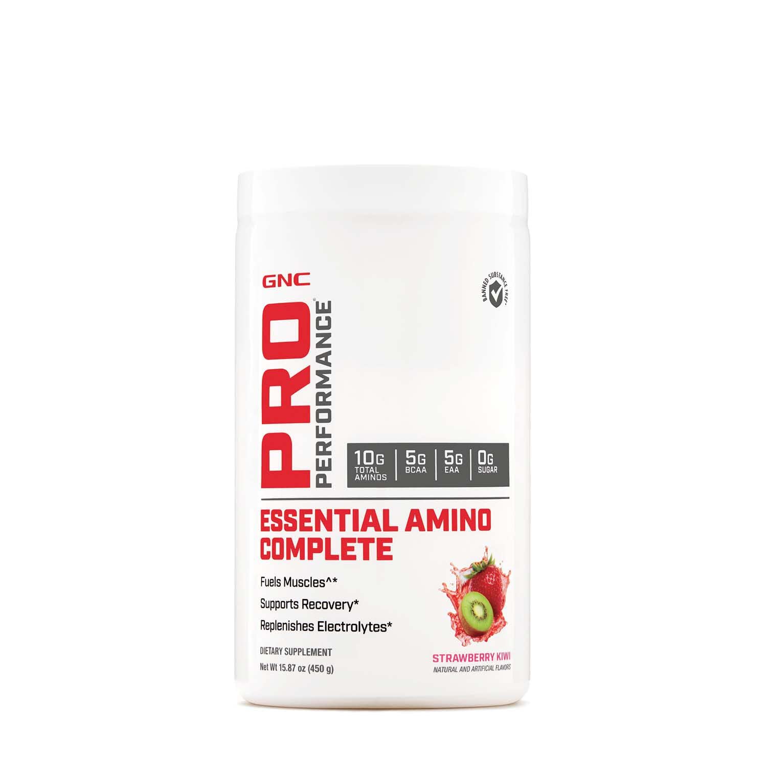 GNC Pro Performance Essential Amino Complete, bouteille fraise-kiwi favorisant récupération musculaire.
