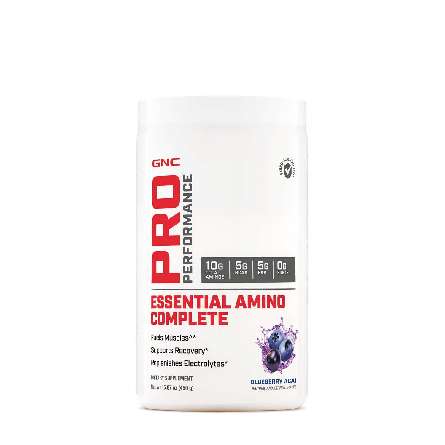Bouteille GNC Pro Performance Essential Amino Complete myrtille acai prête pour l'entraînement