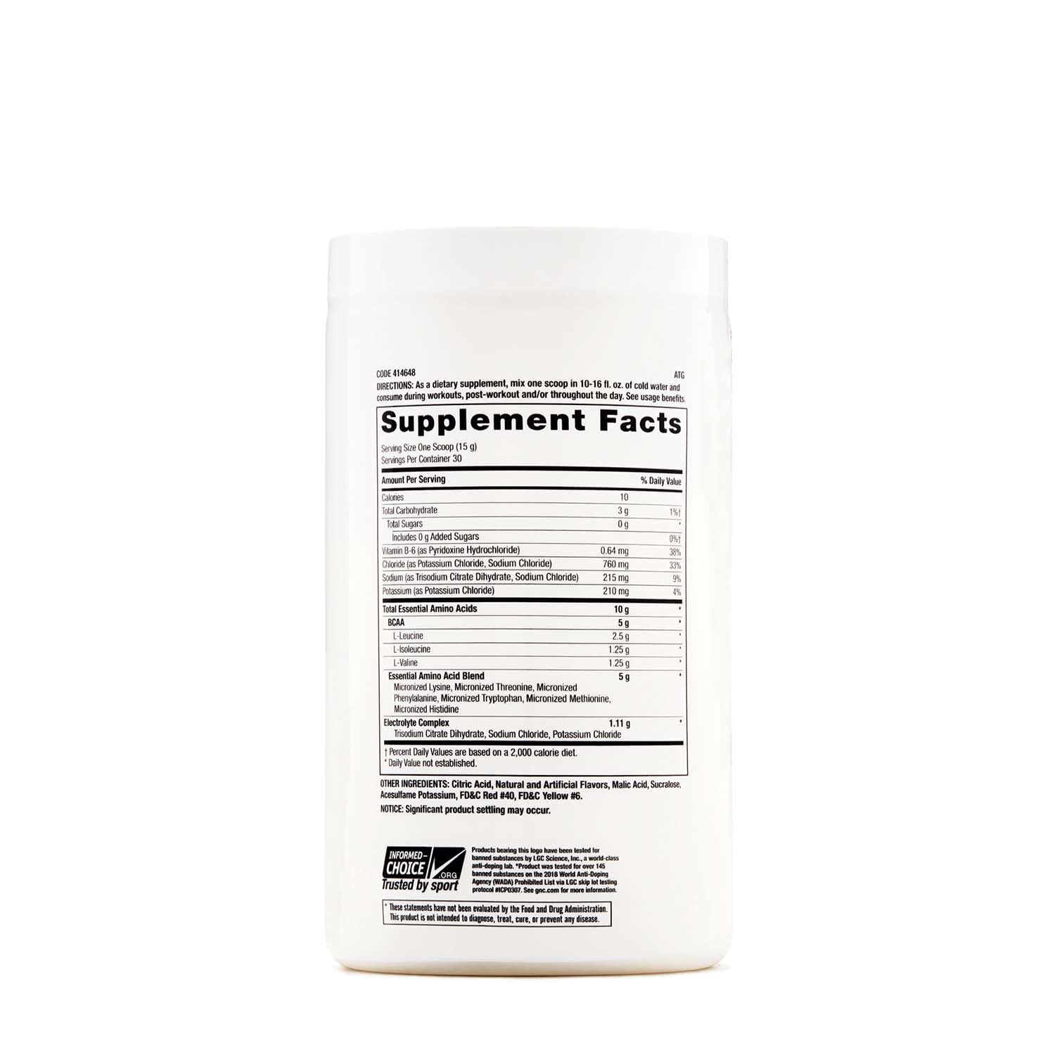 GNC Pro Performance Essential Amino Complete – doseur et poudre prêt à doser.