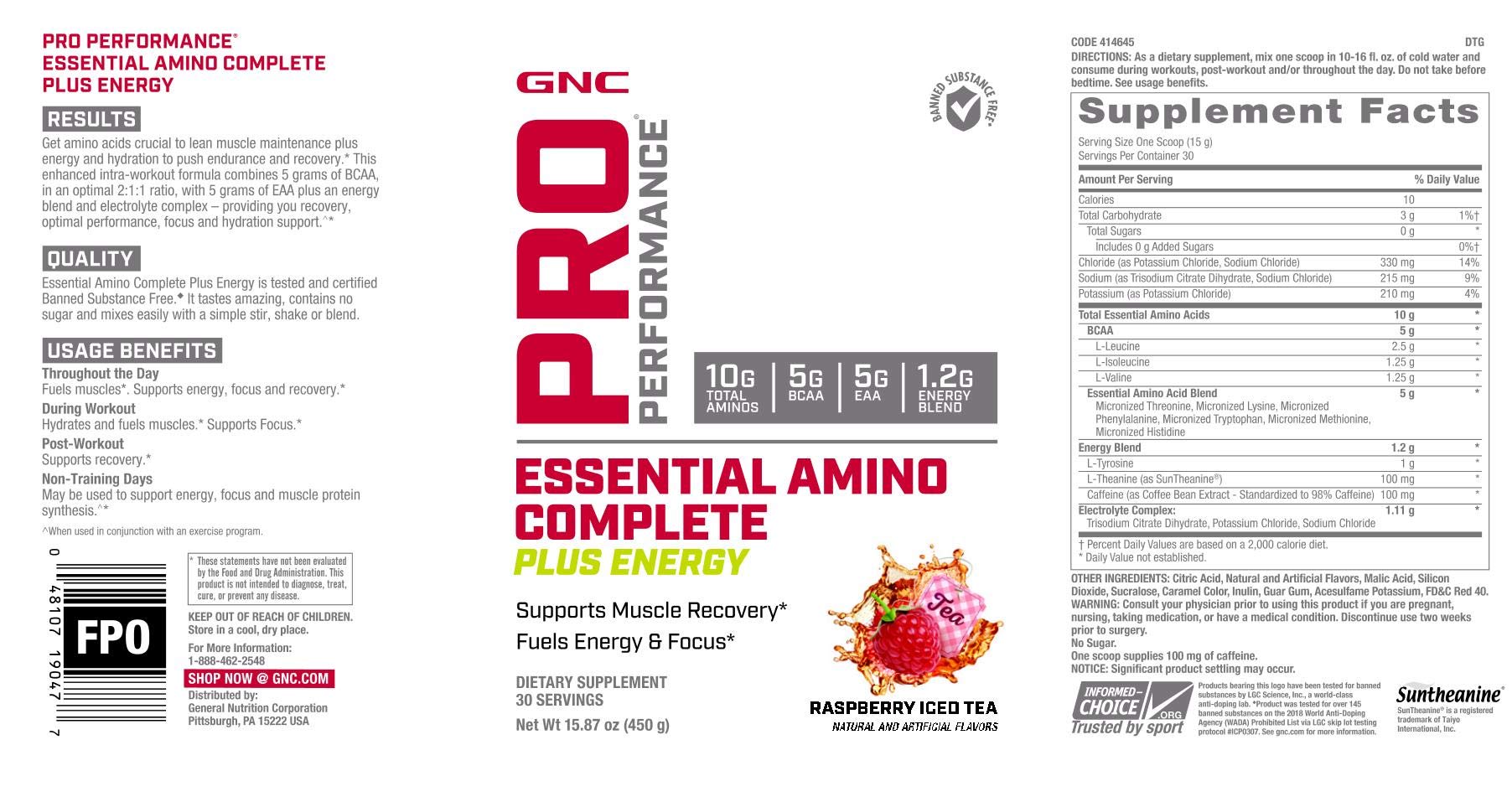 GNC Pro Performance Amino Complete Plus Energy – emballage prêt pour entrainement, énergie et récupération