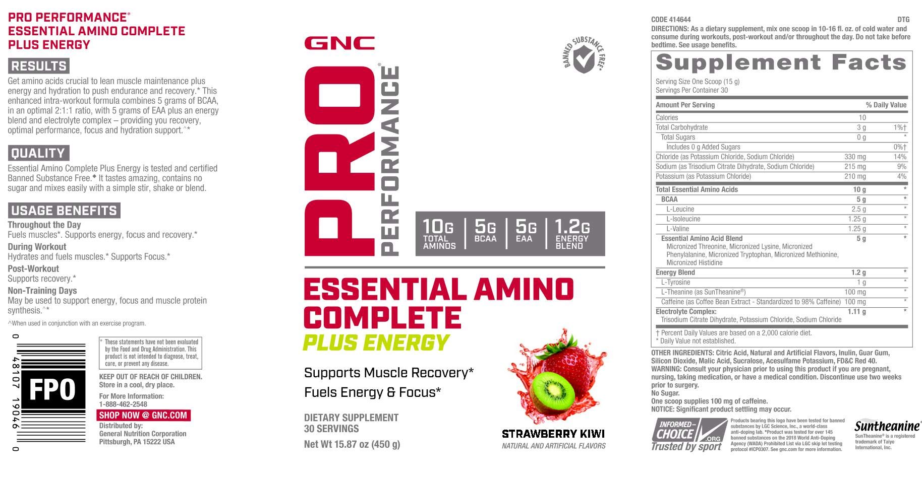 GNC Pro Performance Amino Complete Plus Energy – graphique nutritionnel montrant hydratation et énergie.