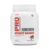 GNC Pro Performance Gain de Poids Double Chocolat: bouteille montrant le produit, soutien potentiel prise de masse