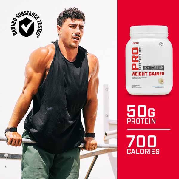 GNC Pro Performance Gain de Poids Double Chocolat: étiquette claire et transparente du produit