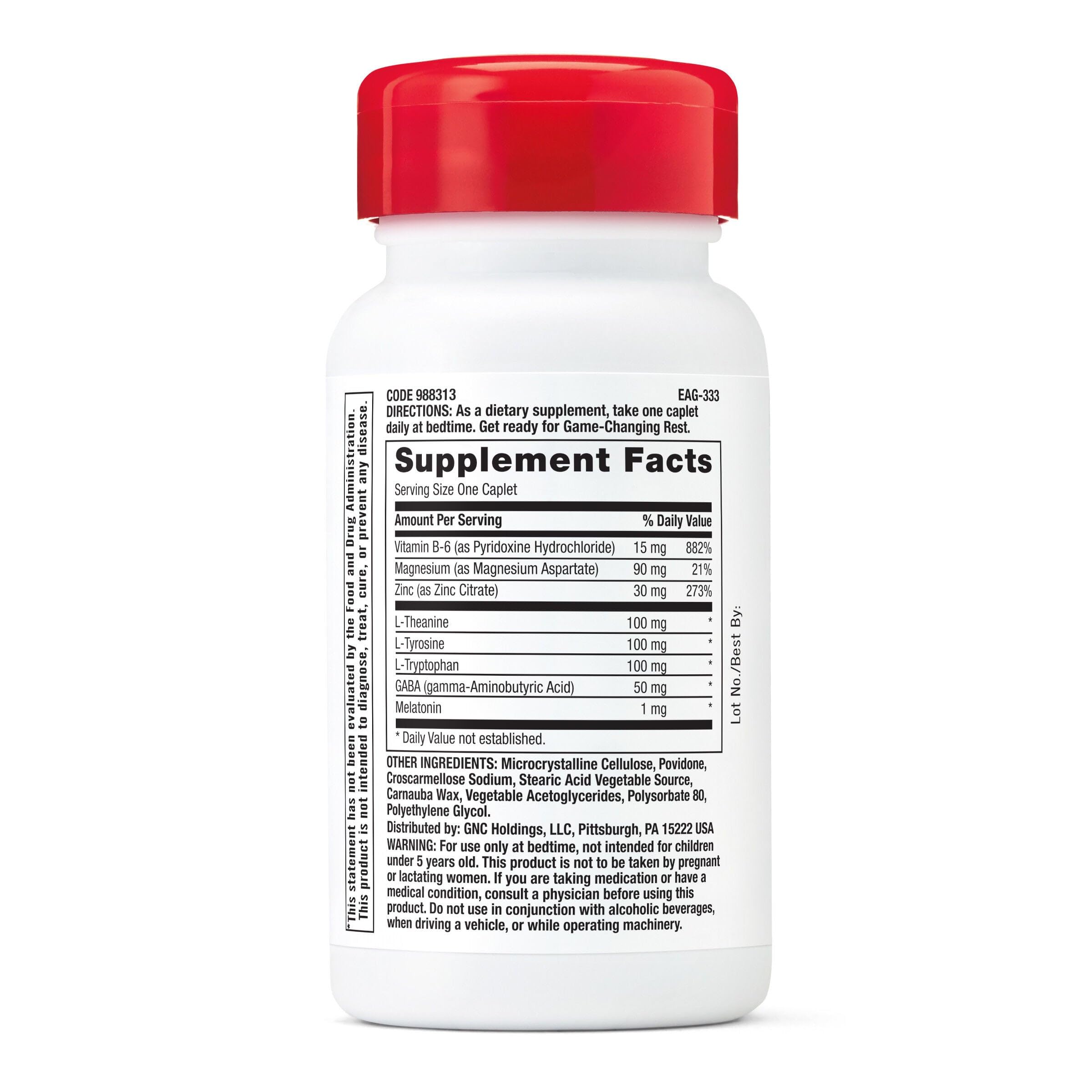 GNC Pro Performance Zinc Magnesium mélange nocturne favorisant le repos nocturne et la récupération.