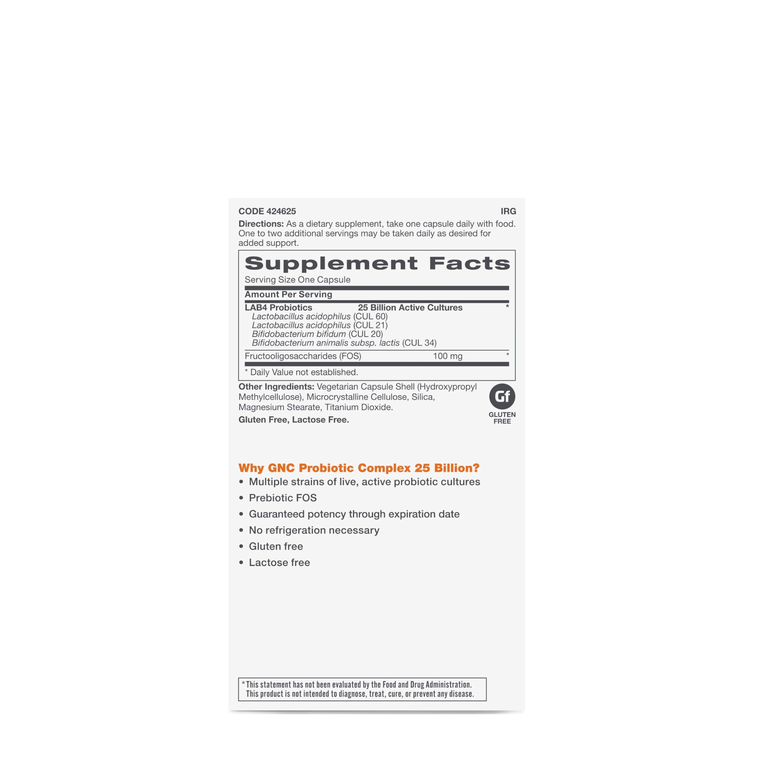 GNC Probiotic Complex etiquette sur bouteille, dosage facile et informations utiles pour routine quotidienne