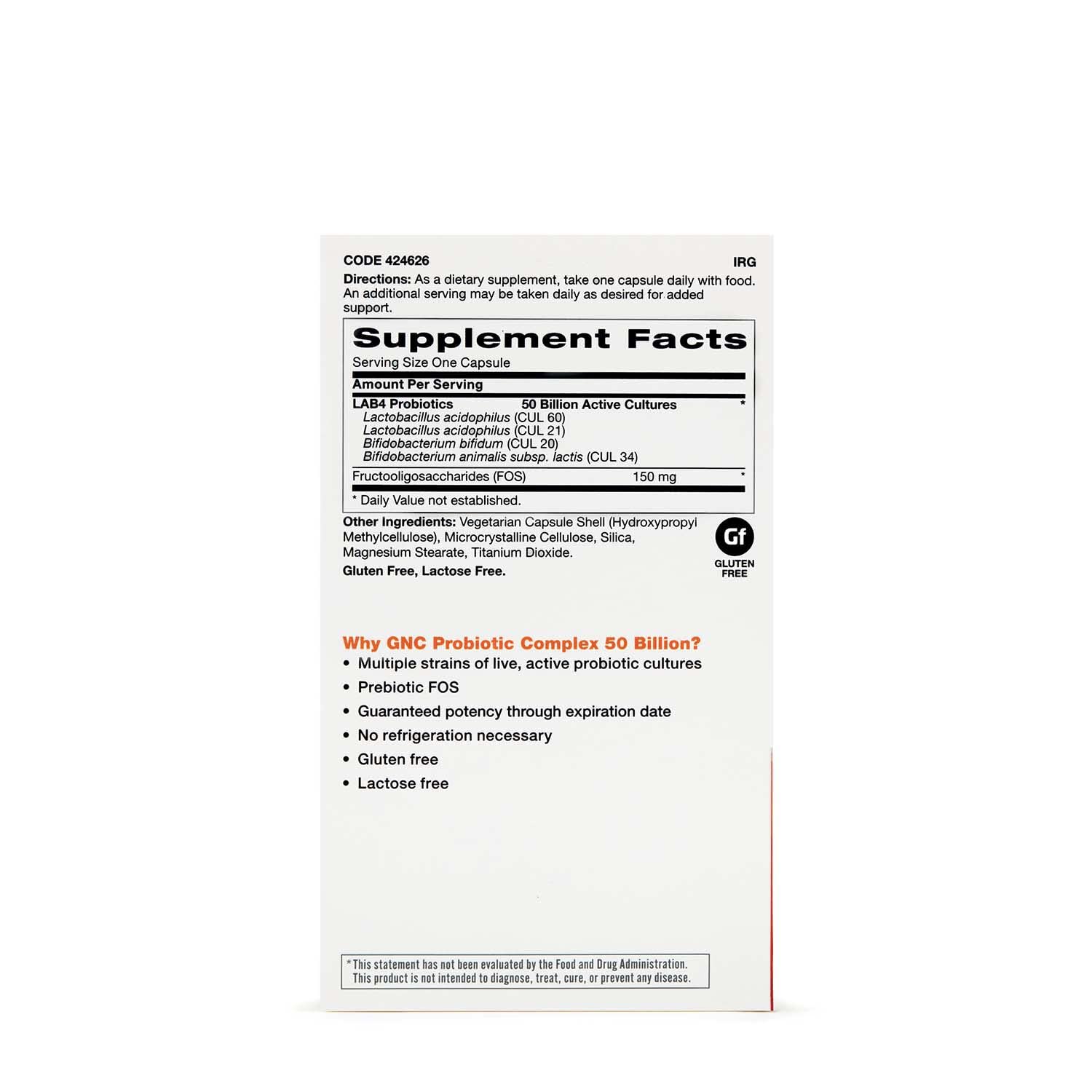 GNC Probiotic Complex, emballage double, facilité d'utilisation quotidienne.