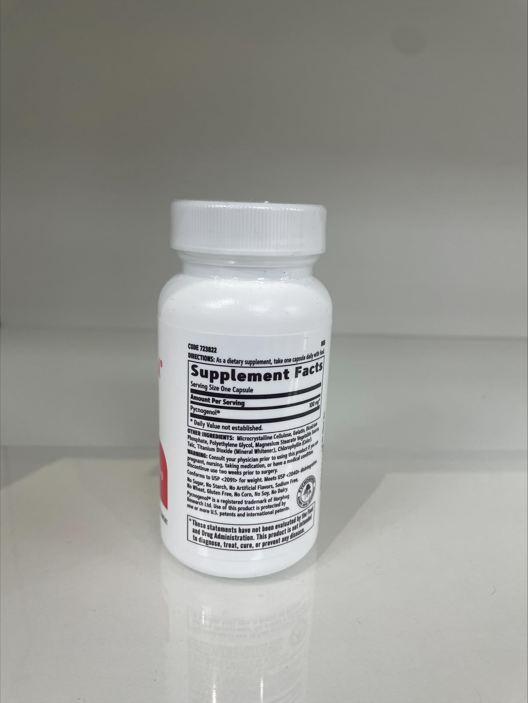 GNC Pycnogenol 100 mg – étiquette claire avec ingrédients et conseils d'utilisation.