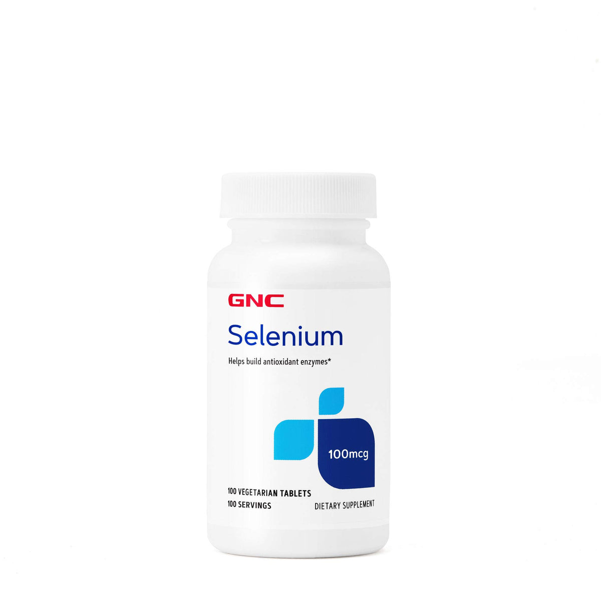 GNC Selenium 100mcg — boîte de comprimés végétariens, soutien des enzymes antioxydantes.