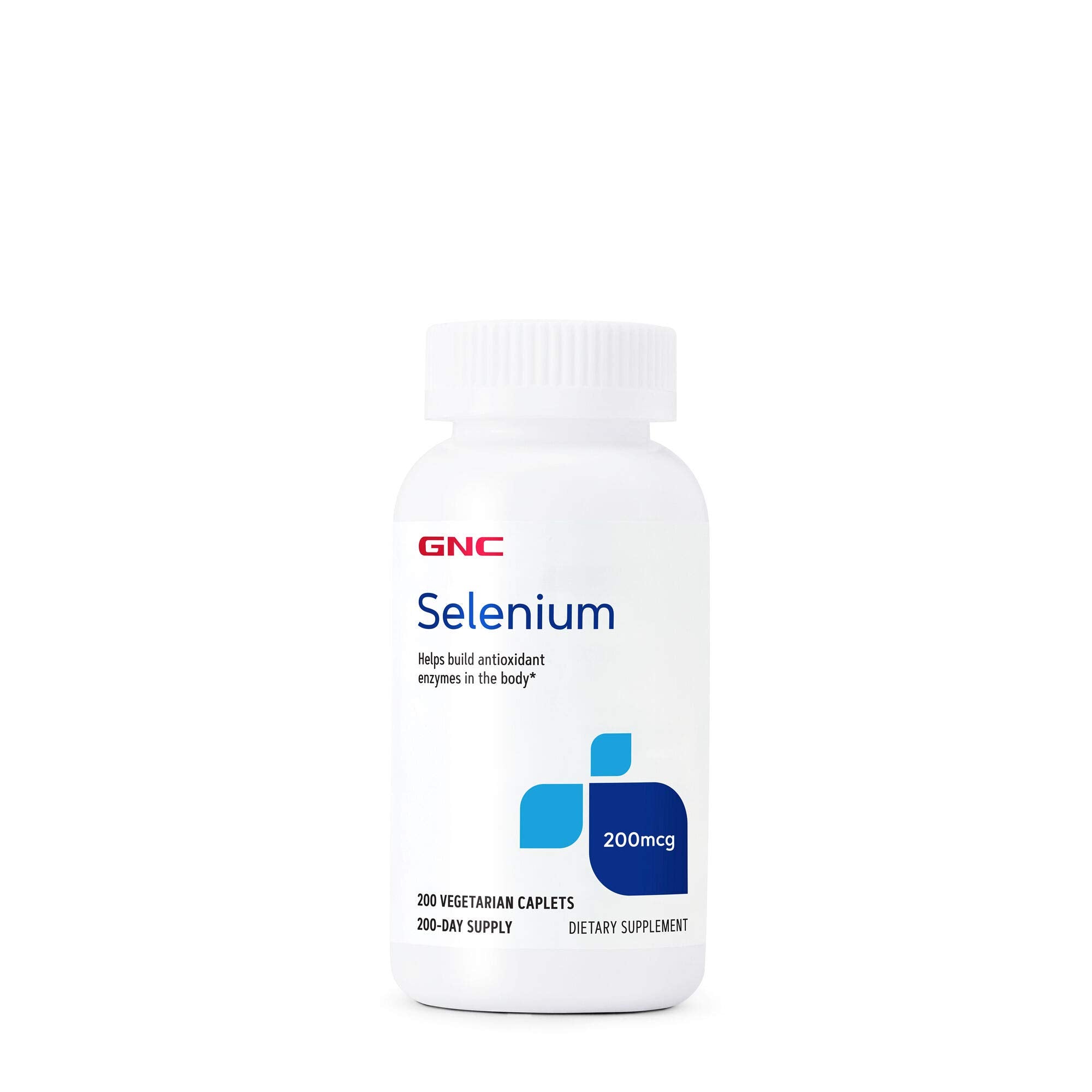 GNC Selenium 200mcg – bouteille et comprimés visibles, étiquette informative.
