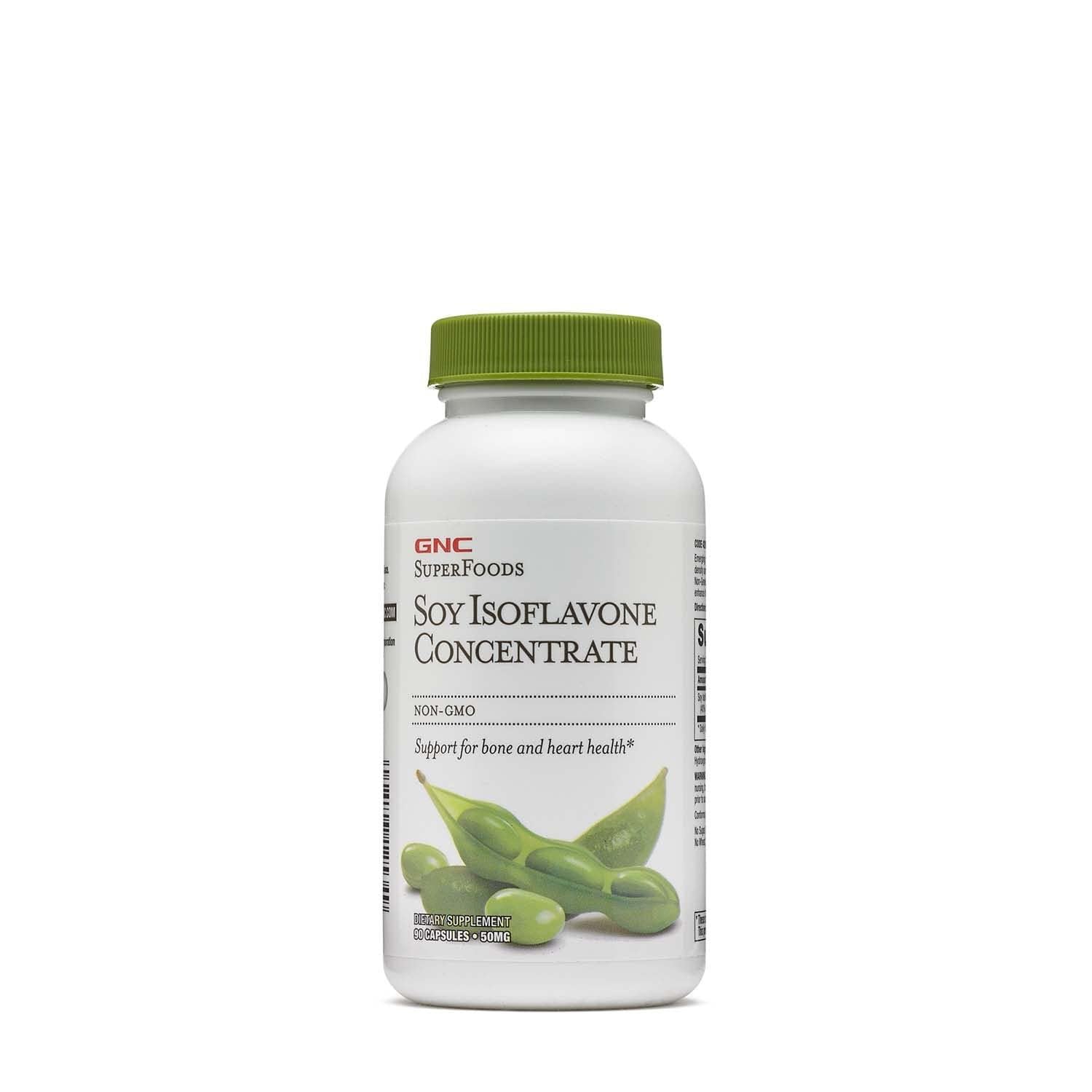 GNC SuperFoods Concentré d'isoflavones de soja, bouteille montrée, soutien potentiel pour la densité osseuse.