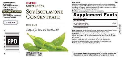 GNC SuperFoods Concentré d'isoflavones de soja, dose de 50 mg dans la capsule, usage pratique.