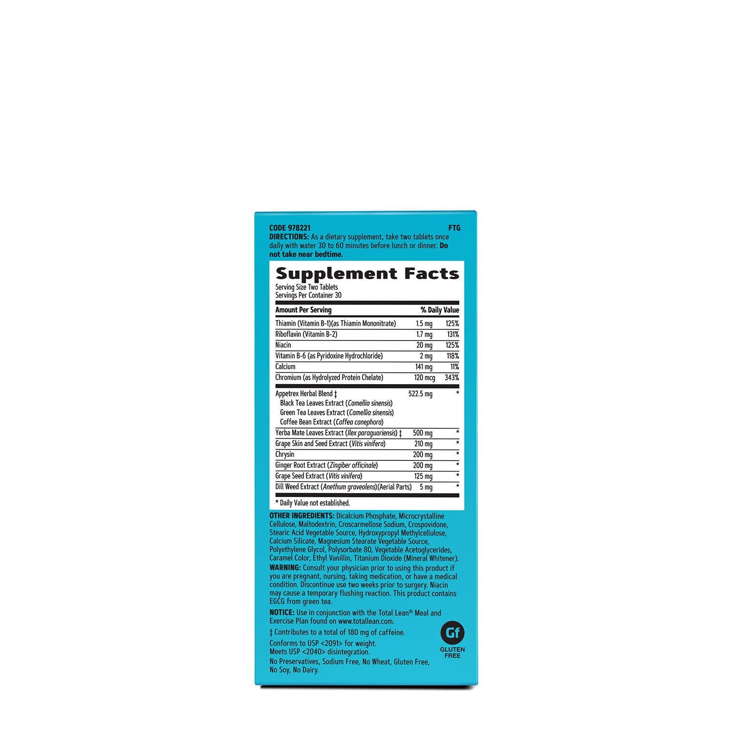 GNC Total Lean Appetrex Control: étiquette indiquant la réduction potentielle des calories